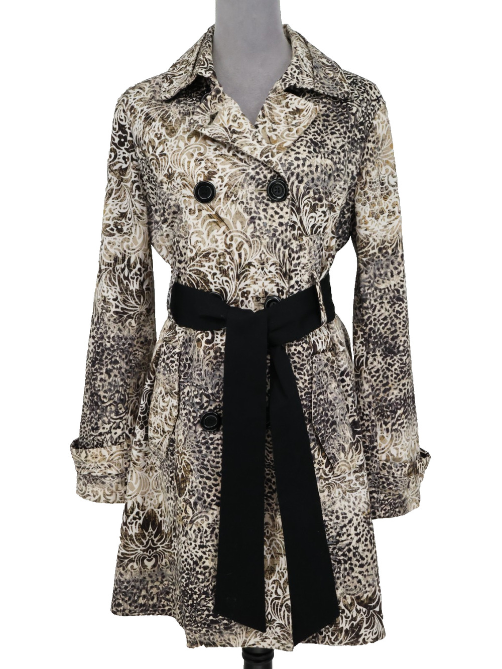 Lapis Trench Coat Womens Large Beige Floral Double Breasted Cotton Belt Jacket